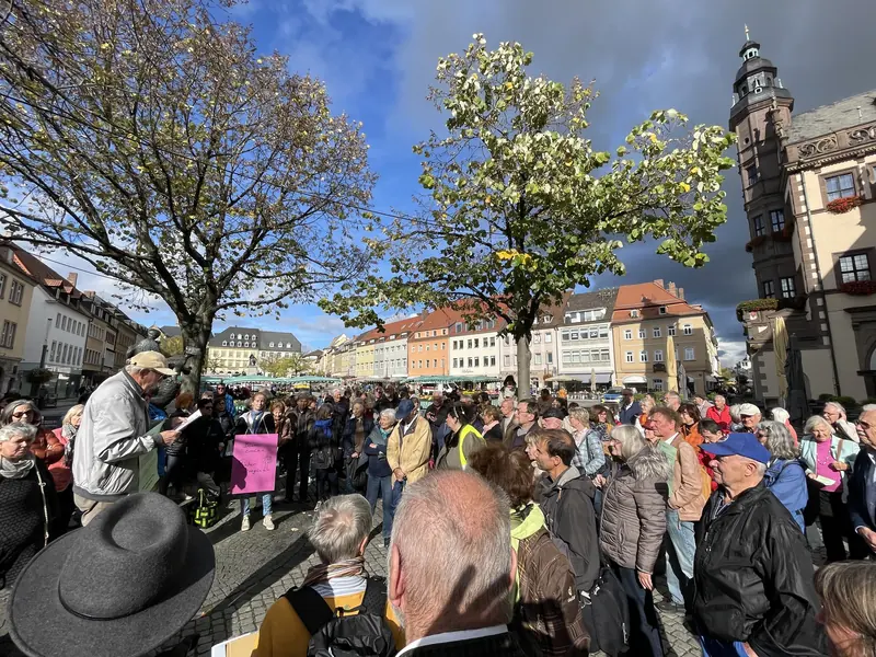 Menschenmenge auf dem Schweinfurter Marktplatz vor dem Rathaus, einige mit Schildern